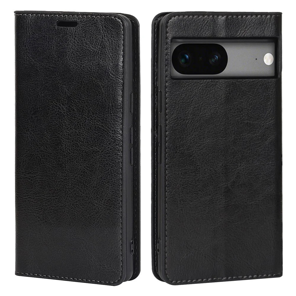 Genuine Leather Phone Cover For Google Pixel 7a, Crazy Horse Texture Magnetic Anti-drop Phone Case with Stand Wallet - Black - 1