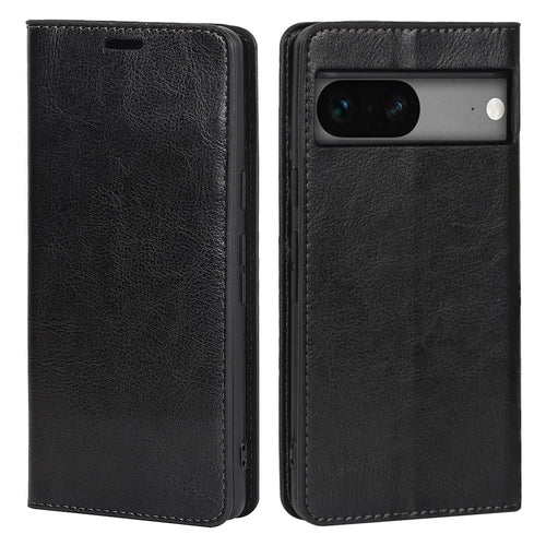 Genuine Leather Phone Cover For Google Pixel 7a, Crazy Horse Texture Magnetic Anti-drop Phone Case with Stand Wallet - Black - 1