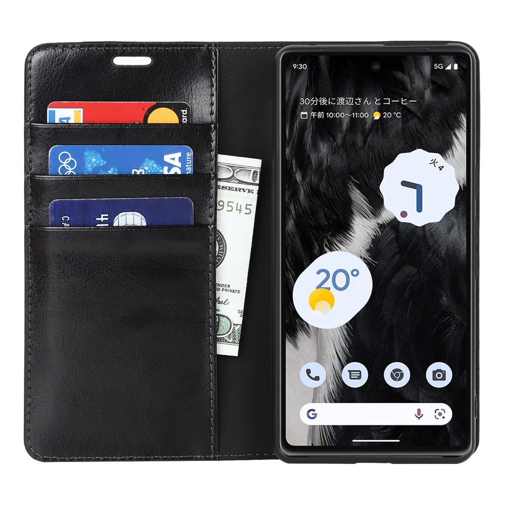Genuine Leather Phone Cover For Google Pixel 7a, Crazy Horse Texture Magnetic Anti-drop Phone Case with Stand Wallet - Black - 2