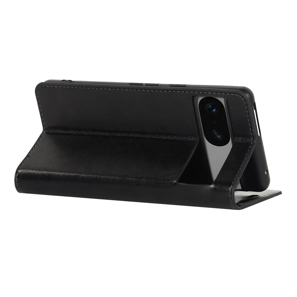 Genuine Leather Phone Cover For Google Pixel 7a, Crazy Horse Texture Magnetic Anti-drop Phone Case with Stand Wallet - Black - 4