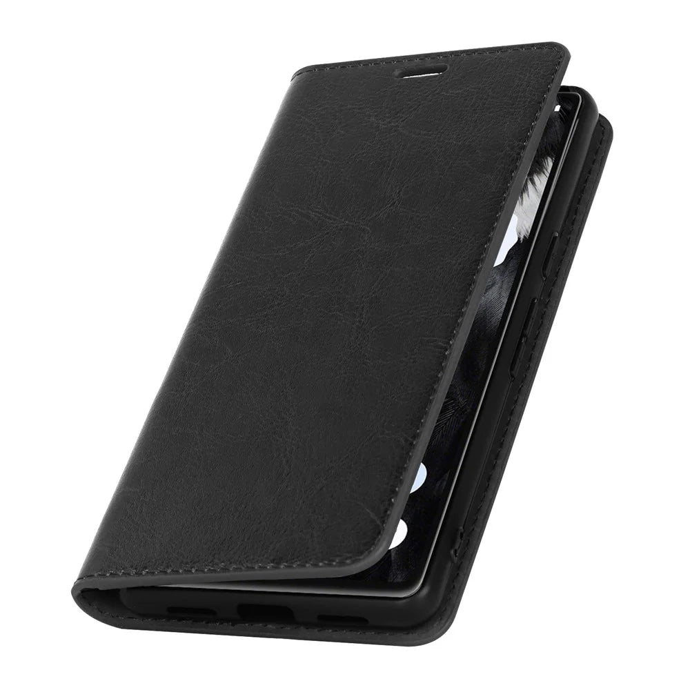 Genuine Leather Phone Cover For Google Pixel 7a, Crazy Horse Texture Magnetic Anti-drop Phone Case with Stand Wallet - Black - 6