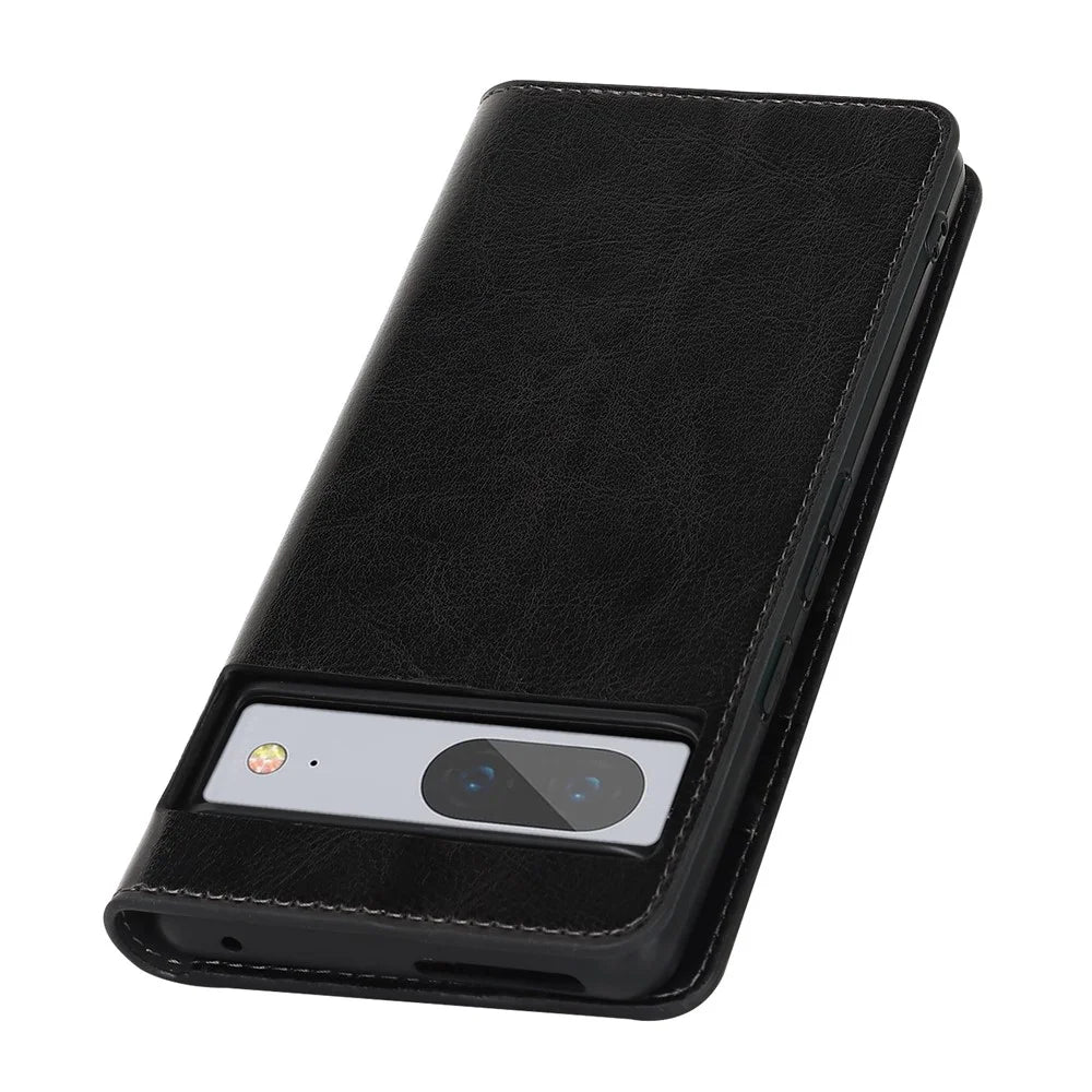 Genuine Leather Phone Cover For Google Pixel 7a, Crazy Horse Texture Magnetic Anti-drop Phone Case with Stand Wallet - Black - 7