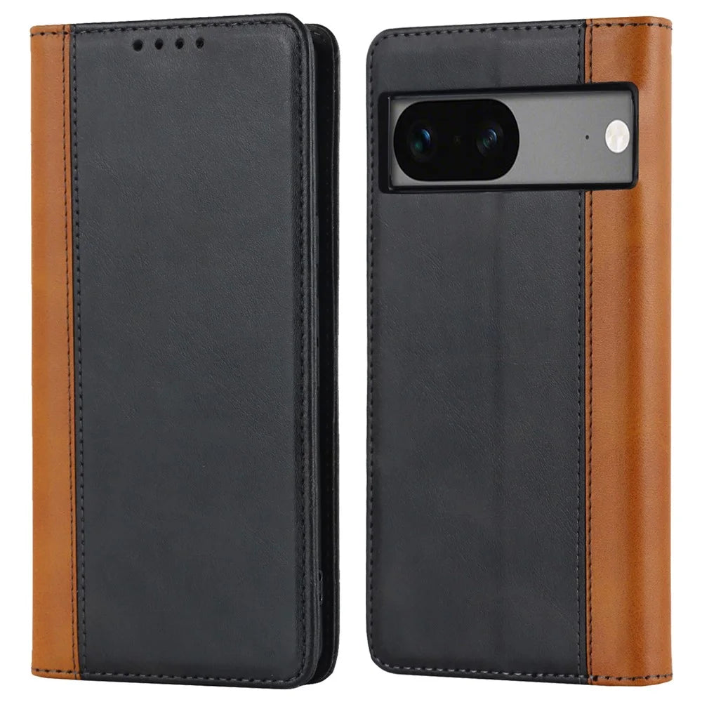 PU Leather Phone Case For Google Pixel 7a, Bi-color Splicing Calf Texture Shockproof Magnetic Phone Cover with Stand Wallet - Black  /  Yellow - 1