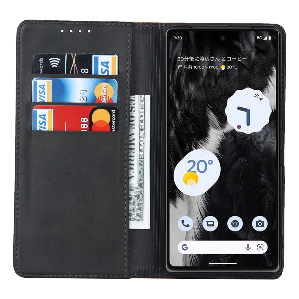 PU Leather Phone Case For Google Pixel 7a, Bi-color Splicing Calf Texture Shockproof Magnetic Phone Cover with Stand Wallet - Black  /  Yellow - 2