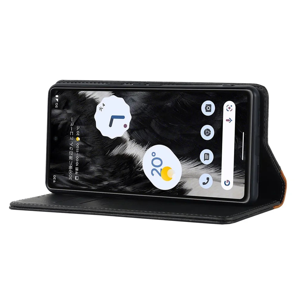 PU Leather Phone Case For Google Pixel 7a, Bi-color Splicing Calf Texture Shockproof Magnetic Phone Cover with Stand Wallet - Black  /  Yellow - 3