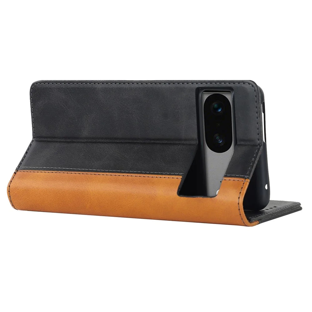PU Leather Phone Case For Google Pixel 7a, Bi-color Splicing Calf Texture Shockproof Magnetic Phone Cover with Stand Wallet - Black  /  Yellow - 4