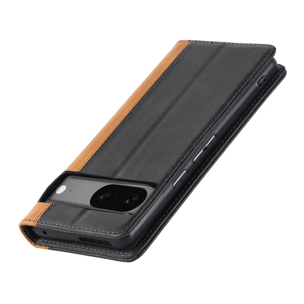 PU Leather Phone Case For Google Pixel 7a, Bi-color Splicing Calf Texture Shockproof Magnetic Phone Cover with Stand Wallet - Black  /  Yellow - 6