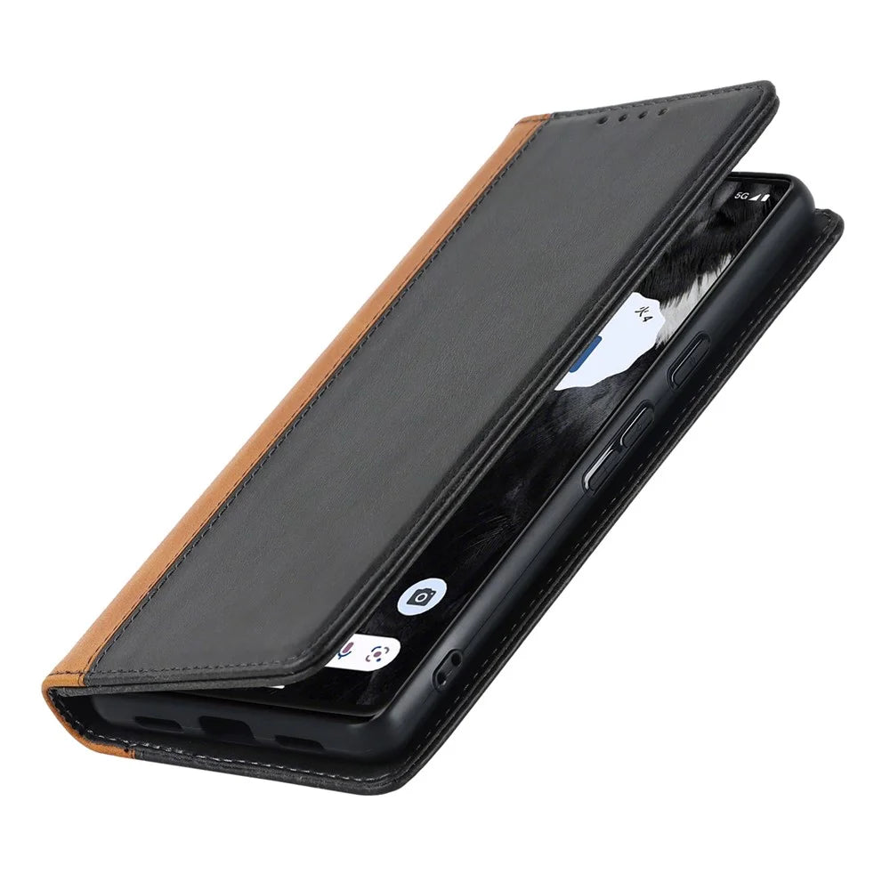 PU Leather Phone Case For Google Pixel 7a, Bi-color Splicing Calf Texture Shockproof Magnetic Phone Cover with Stand Wallet - Black  /  Yellow - 7