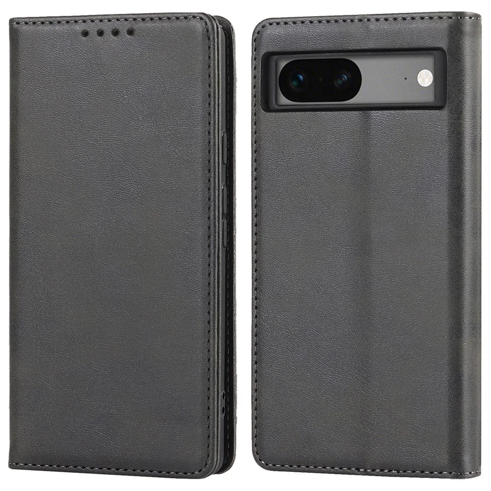 For Google Pixel 7a Anti-drop Phone Cover Calf Texture PU Leather Protective Phone Case with Stand Wallet - Black - 1