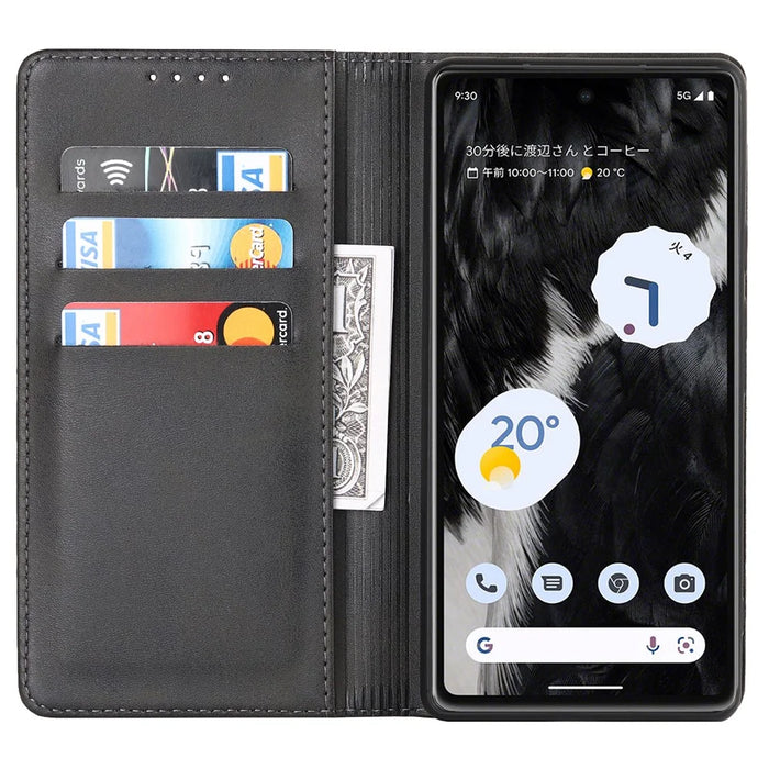 For Google Pixel 7a Anti-drop Phone Cover Calf Texture PU Leather Protective Phone Case with Stand Wallet - Black - 2
