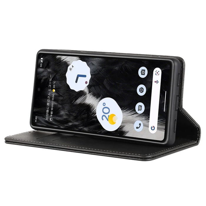 For Google Pixel 7a Anti-drop Phone Cover Calf Texture PU Leather Protective Phone Case with Stand Wallet - Black - 3