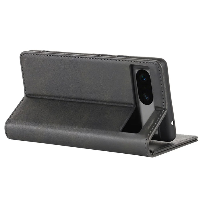 For Google Pixel 7a Anti-drop Phone Cover Calf Texture PU Leather Protective Phone Case with Stand Wallet - Black - 4