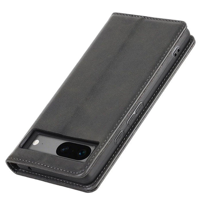 For Google Pixel 7a Anti-drop Phone Cover Calf Texture PU Leather Protective Phone Case with Stand Wallet - Black - 5