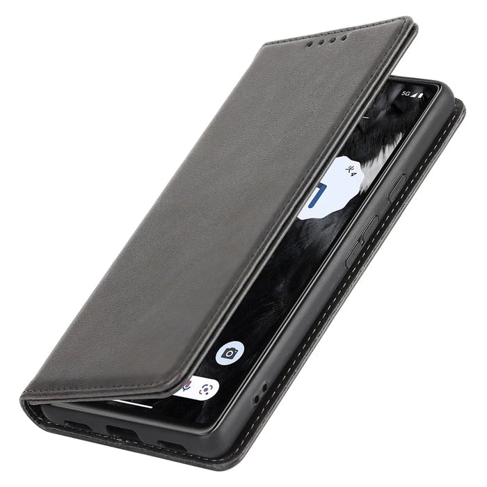 For Google Pixel 7a Anti-drop Phone Cover Calf Texture PU Leather Protective Phone Case with Stand Wallet - Black - 6