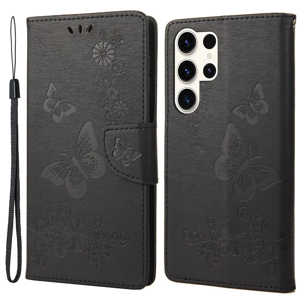 Anti-drop Phone Cover for Samsung Galaxy S23 Ultra, PU Leather Phone Case Wallet Butterflies Flower Imprinting Shell with Stand - Black - 1