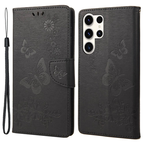 Anti-drop Phone Cover for Samsung Galaxy S23 Ultra, PU Leather Phone Case Wallet Butterflies Flower Imprinting Shell with Stand - Black - 1