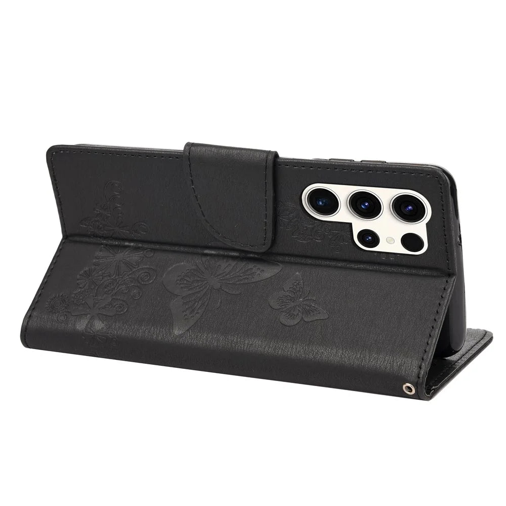 Anti-drop Phone Cover for Samsung Galaxy S23 Ultra, PU Leather Phone Case Wallet Butterflies Flower Imprinting Shell with Stand - Black - 4