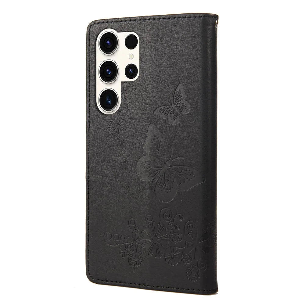 Anti-drop Phone Cover for Samsung Galaxy S23 Ultra, PU Leather Phone Case Wallet Butterflies Flower Imprinting Shell with Stand - Black - 7