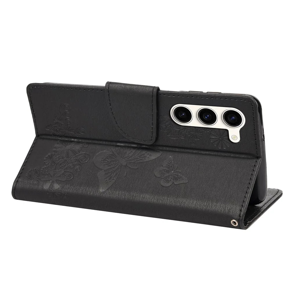 Shockproof Mobile Phone Case for Samsung Galaxy S23+, Butterflies Flower Imprinting PU Leather Phone Cover with Wallet Stand - Black - 4