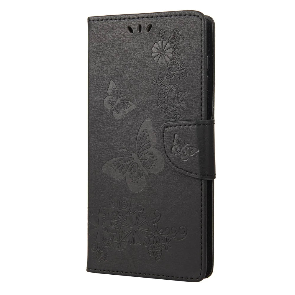 Shockproof Mobile Phone Case for Samsung Galaxy S23+, Butterflies Flower Imprinting PU Leather Phone Cover with Wallet Stand - Black - 6