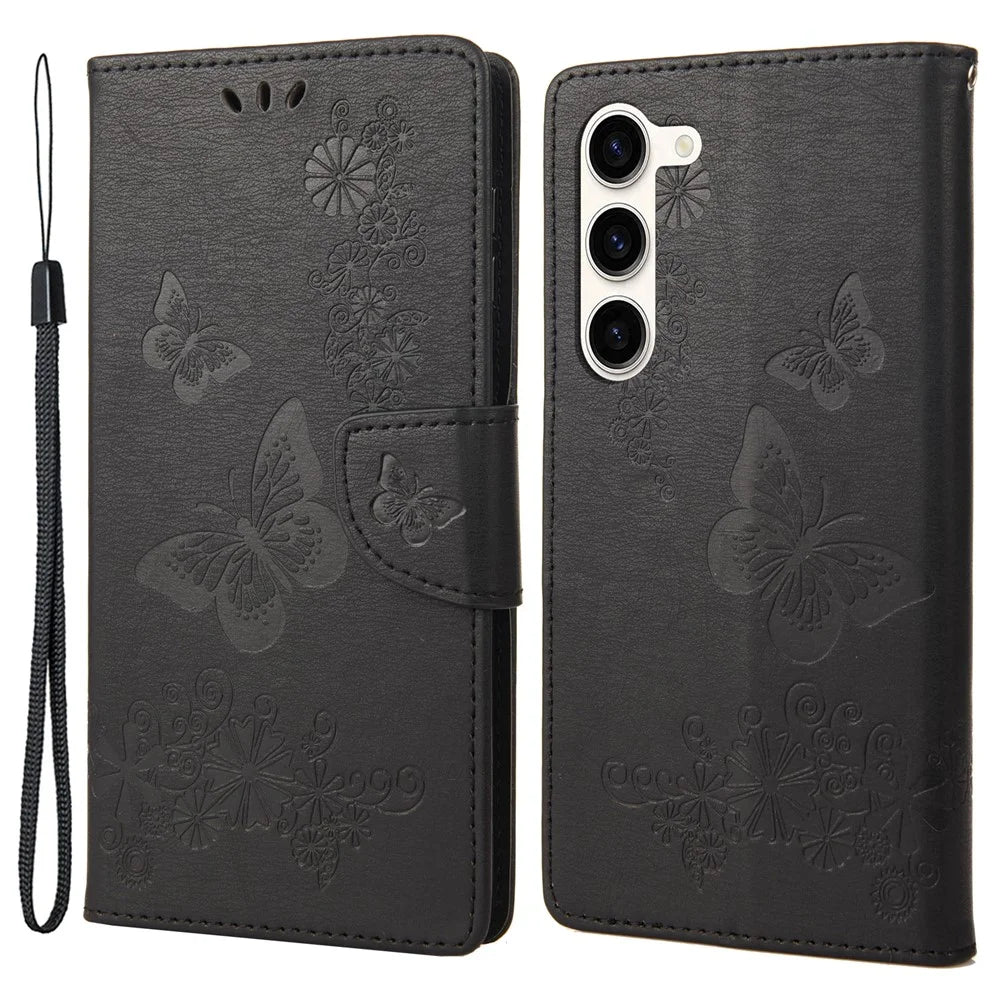 For Samsung Galaxy S23 Full Protection Phone Cover Flip Leather Phone Case Wallet Stand Butterflies Flower Imprinting Shell - Black - 1