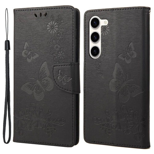 For Samsung Galaxy S23 Full Protection Phone Cover Flip Leather Phone Case Wallet Stand Butterflies Flower Imprinting Shell - Black - 1
