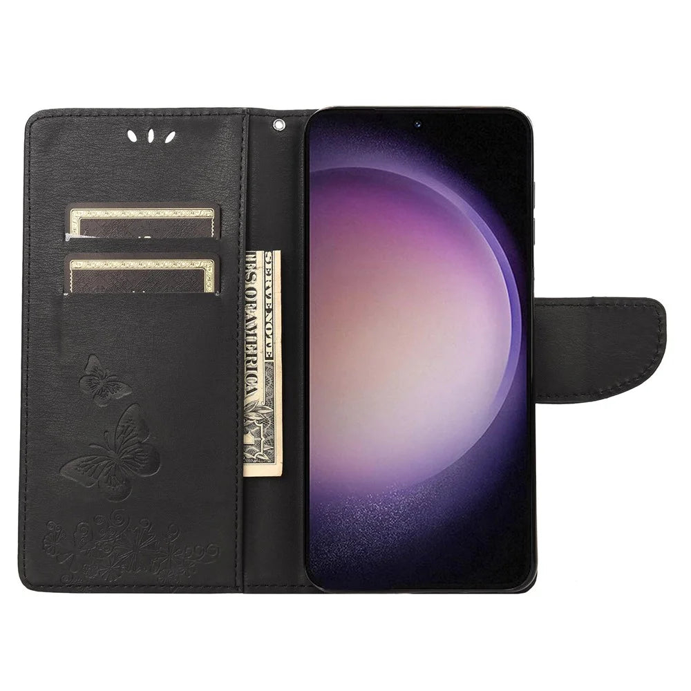 For Samsung Galaxy S23 Full Protection Phone Cover Flip Leather Phone Case Wallet Stand Butterflies Flower Imprinting Shell - Black - 2