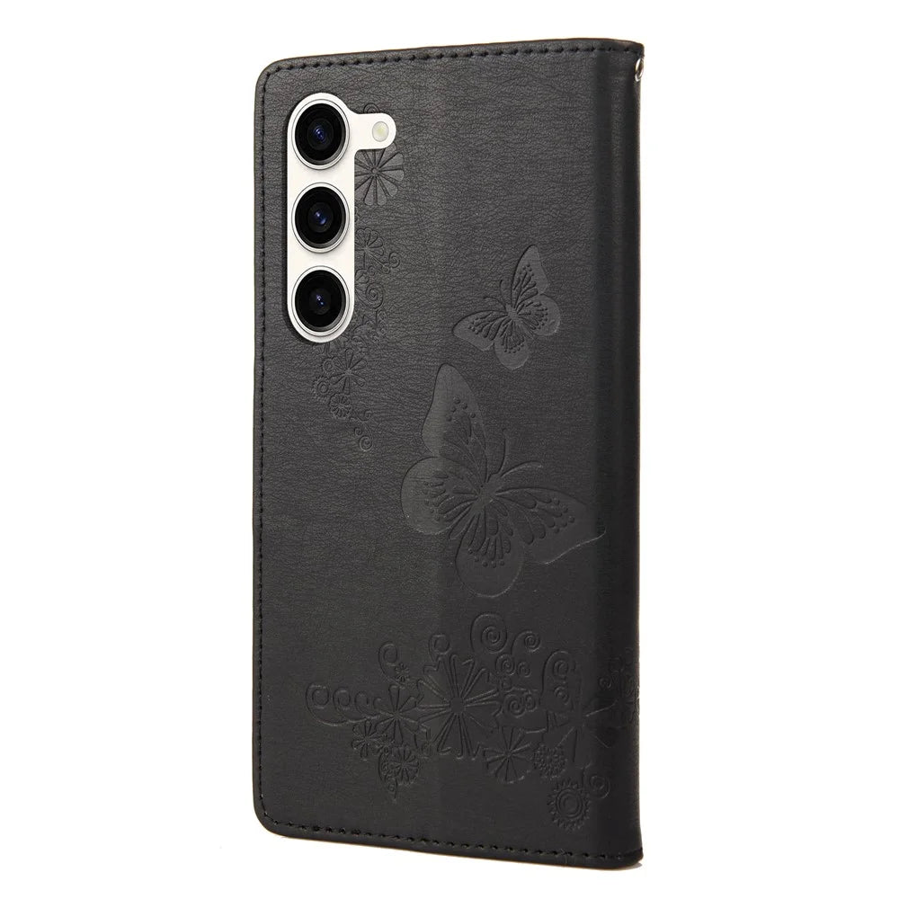 For Samsung Galaxy S23 Full Protection Phone Cover Flip Leather Phone Case Wallet Stand Butterflies Flower Imprinting Shell - Black - 7