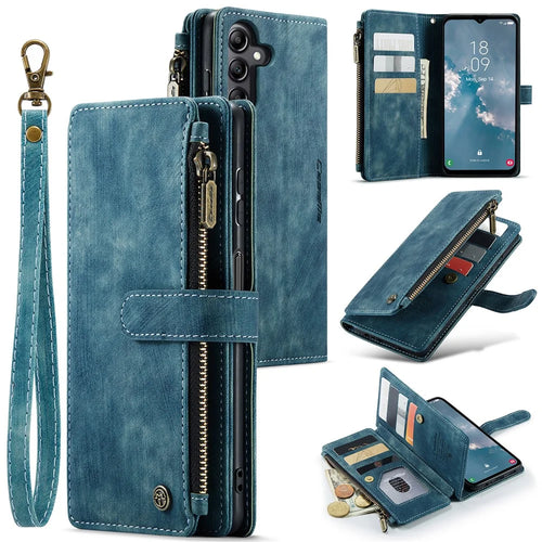 For Samsung Galaxy A14 5G / A14 4G Phone Cases with Strap CASEME C30 Zipper Multiple Card Holder PU Leather Cover - Blue - 1