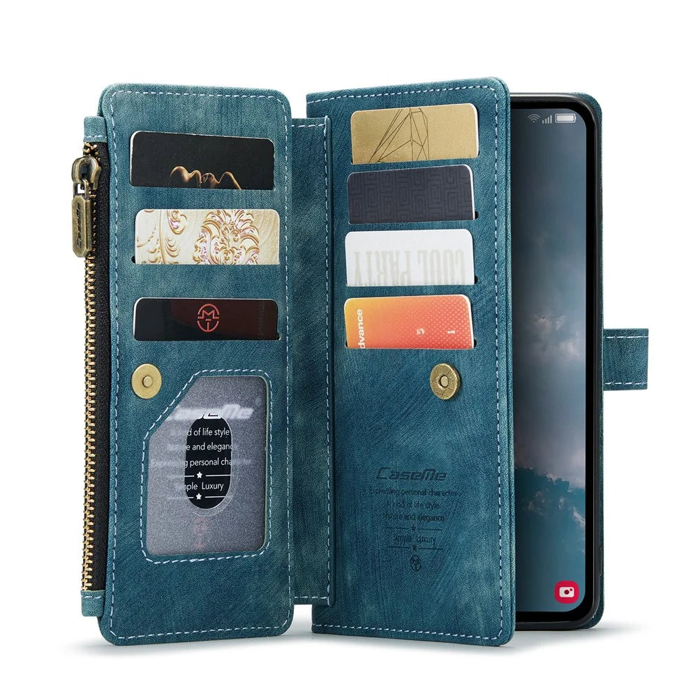 For Samsung Galaxy A14 5G / A14 4G Phone Cases with Strap CASEME C30 Zipper Multiple Card Holder PU Leather Cover - Blue - 2
