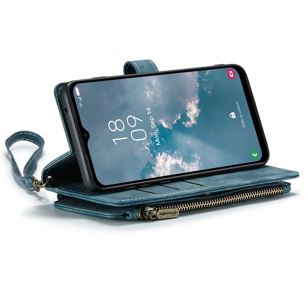 For Samsung Galaxy A14 5G / A14 4G Phone Cases with Strap CASEME C30 Zipper Multiple Card Holder PU Leather Cover - Blue - 3