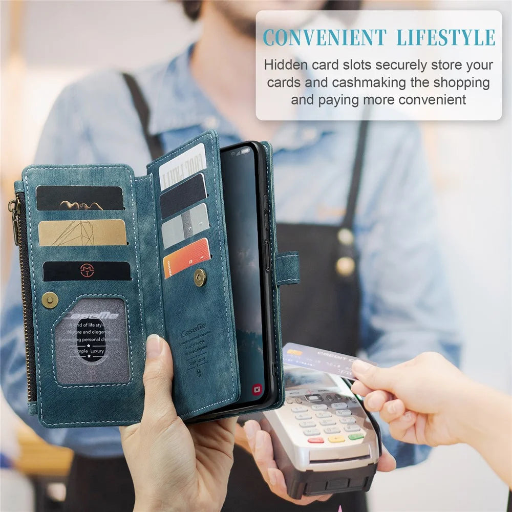 For Samsung Galaxy A14 5G / A14 4G Phone Cases with Strap CASEME C30 Zipper Multiple Card Holder PU Leather Cover - Blue - 5