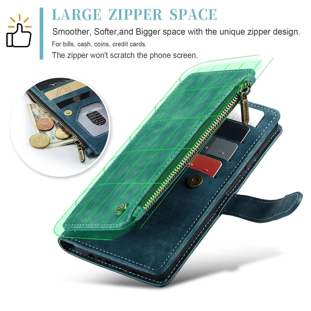 For Samsung Galaxy A14 5G / A14 4G Phone Cases with Strap CASEME C30 Zipper Multiple Card Holder PU Leather Cover - Blue - 6