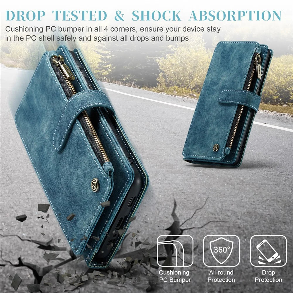 For Samsung Galaxy A14 5G / A14 4G Phone Cases with Strap CASEME C30 Zipper Multiple Card Holder PU Leather Cover - Blue - 7