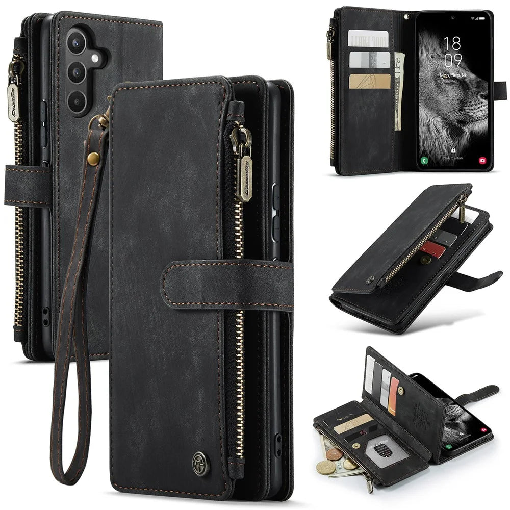 For Samsung Galaxy A34 5G Phone Cases with Strap CASEME C30 Zipper Multiple Card Holder PU Leather Cover - Black - 1