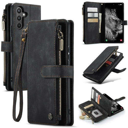 For Samsung Galaxy A34 5G Phone Cases with Strap CASEME C30 Zipper Multiple Card Holder PU Leather Cover - Black - 1