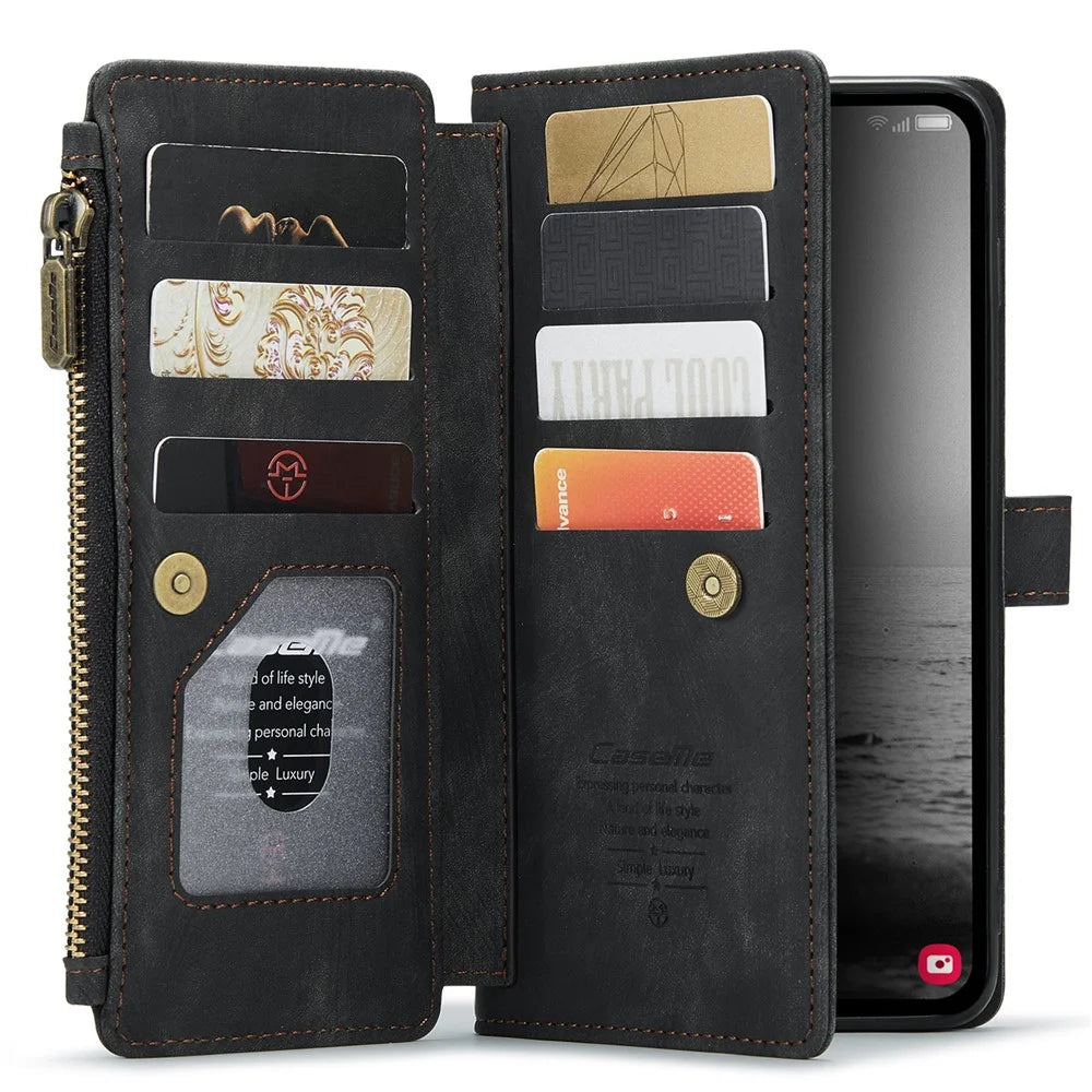 For Samsung Galaxy A34 5G Phone Cases with Strap CASEME C30 Zipper Multiple Card Holder PU Leather Cover - Black - 2