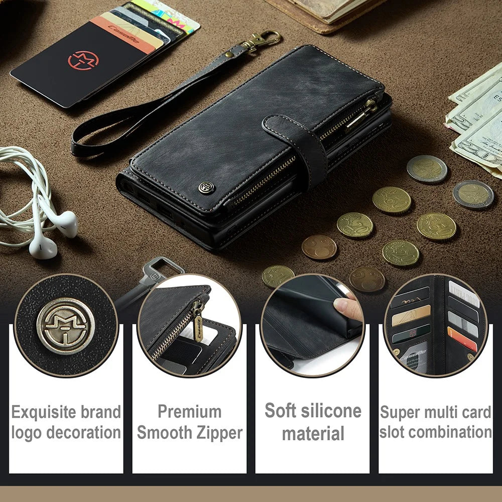 For Samsung Galaxy A34 5G Phone Cases with Strap CASEME C30 Zipper Multiple Card Holder PU Leather Cover - Black - 4