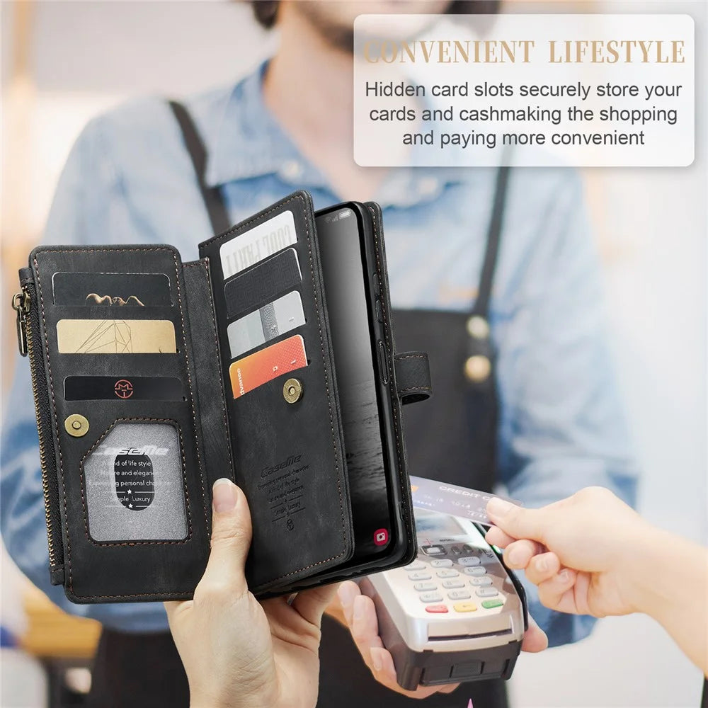 For Samsung Galaxy A34 5G Phone Cases with Strap CASEME C30 Zipper Multiple Card Holder PU Leather Cover - Black - 5