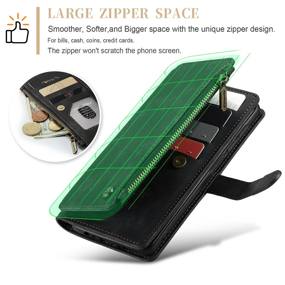 For Samsung Galaxy A34 5G Phone Cases with Strap CASEME C30 Zipper Multiple Card Holder PU Leather Cover - Black - 6