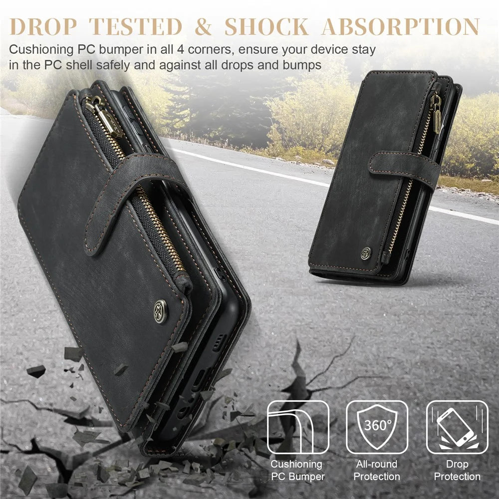 For Samsung Galaxy A34 5G Phone Cases with Strap CASEME C30 Zipper Multiple Card Holder PU Leather Cover - Black - 7