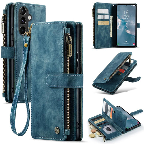 For Samsung Galaxy A54 5G Phone Cases with Strap CASEME C30 Zipper Multiple Card Holder PU Leather Cover - Blue - 1