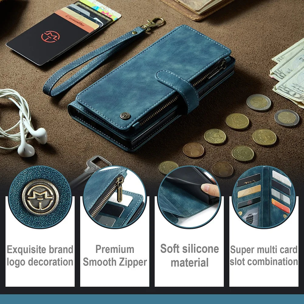 For Samsung Galaxy A54 5G Phone Cases with Strap CASEME C30 Zipper Multiple Card Holder PU Leather Cover - Blue - 4