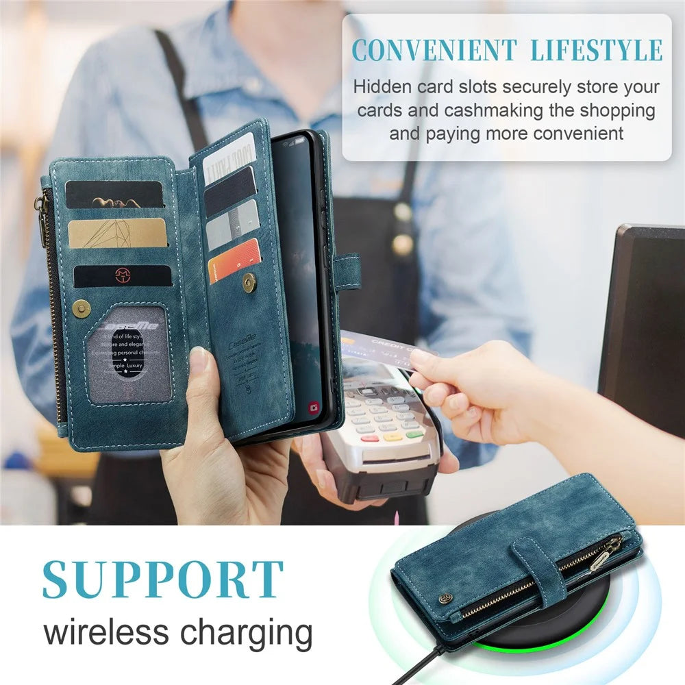 For Samsung Galaxy A54 5G Phone Cases with Strap CASEME C30 Zipper Multiple Card Holder PU Leather Cover - Blue - 5