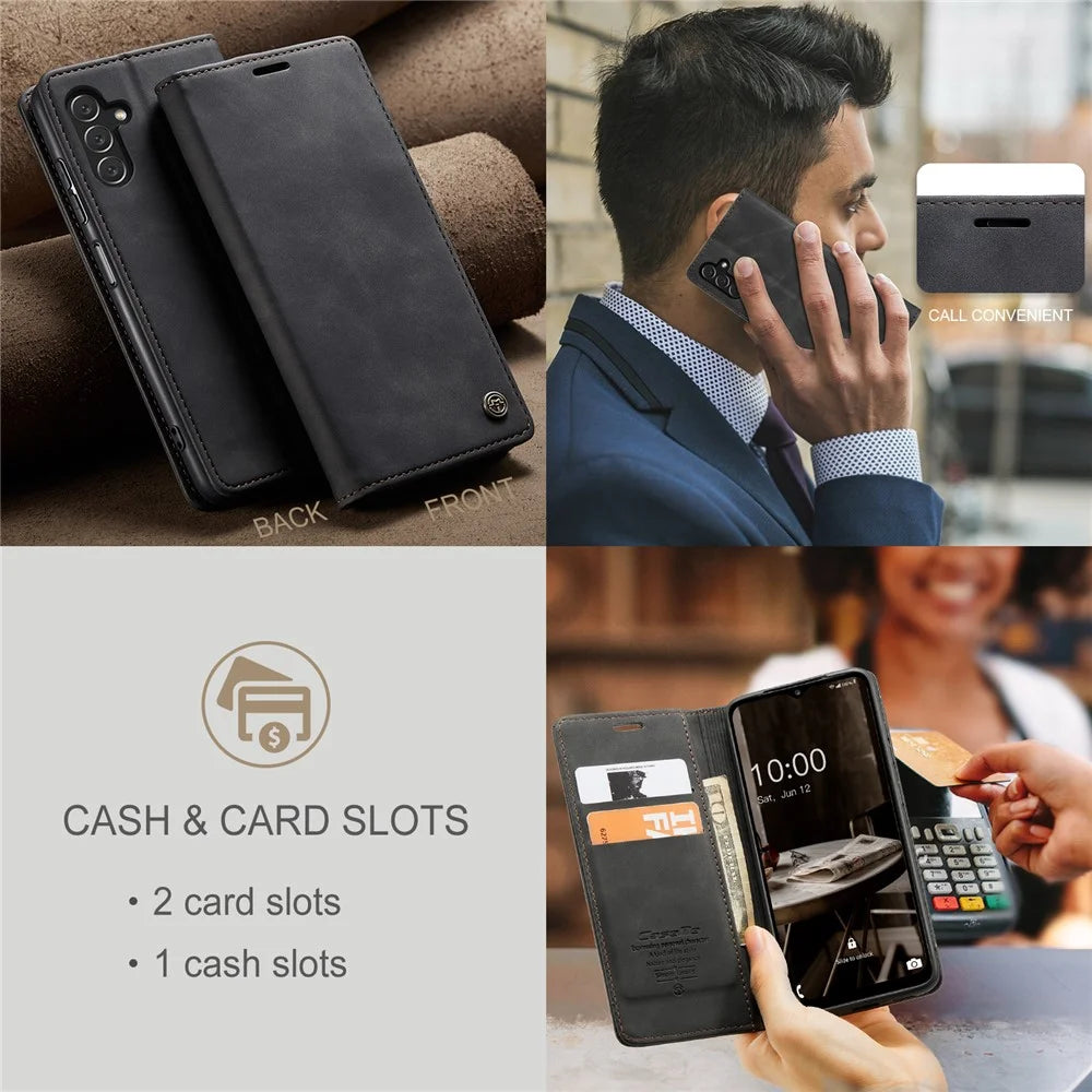 CASEME 013 Series Phone Cover For Samsung Galaxy A14 5G / A14 4G Stand Wallet PU Leather Phone Case - Black - 7