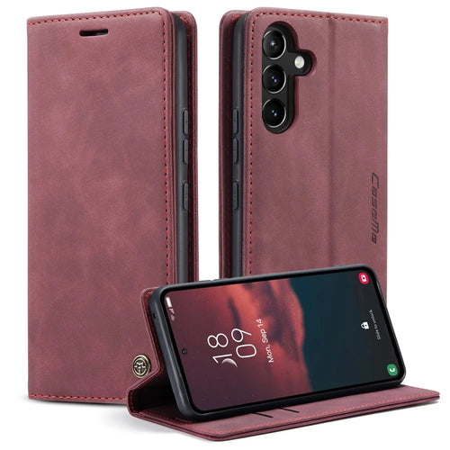 CASEME 013 Series Phone Case for Samsung Galaxy A54 5G PU Leather Case Wallet Stand Shockproof Cover - Wine Red - 1
