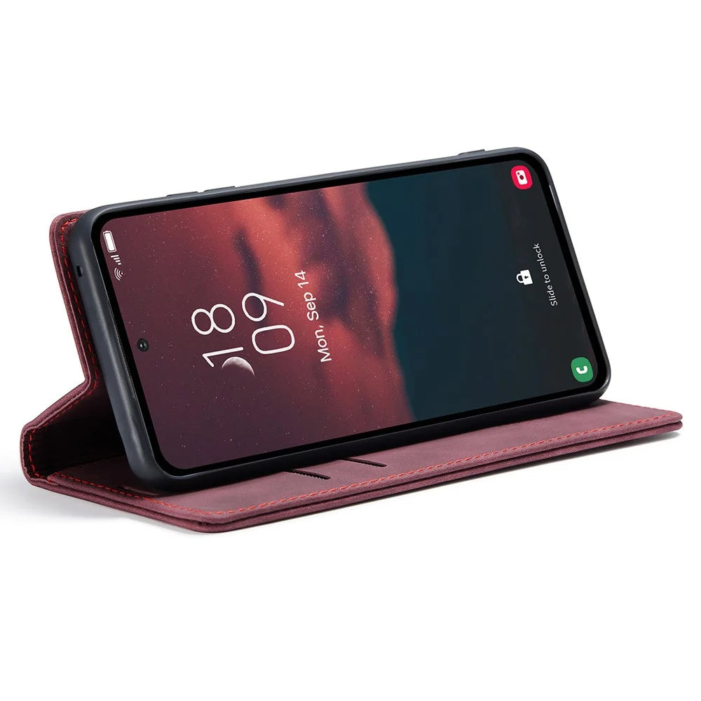 CASEME 013 Series Phone Case for Samsung Galaxy A54 5G PU Leather Case Wallet Stand Shockproof Cover - Wine Red - 3