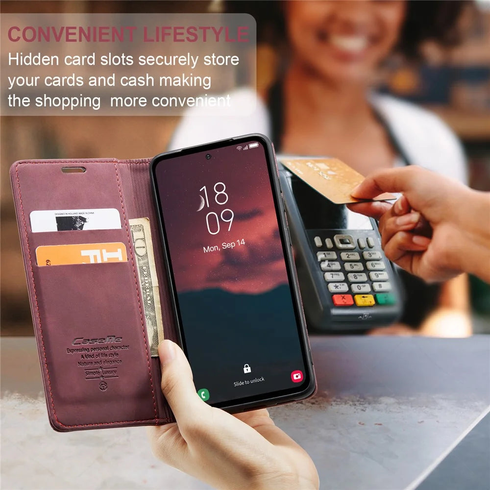 CASEME 013 Series Phone Case for Samsung Galaxy A54 5G PU Leather Case Wallet Stand Shockproof Cover - Wine Red - 5
