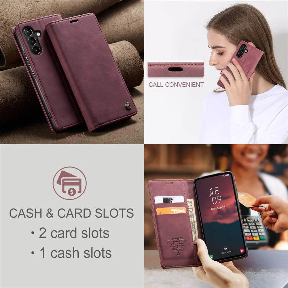 CASEME 013 Series Phone Case for Samsung Galaxy A54 5G PU Leather Case Wallet Stand Shockproof Cover - Wine Red - 6