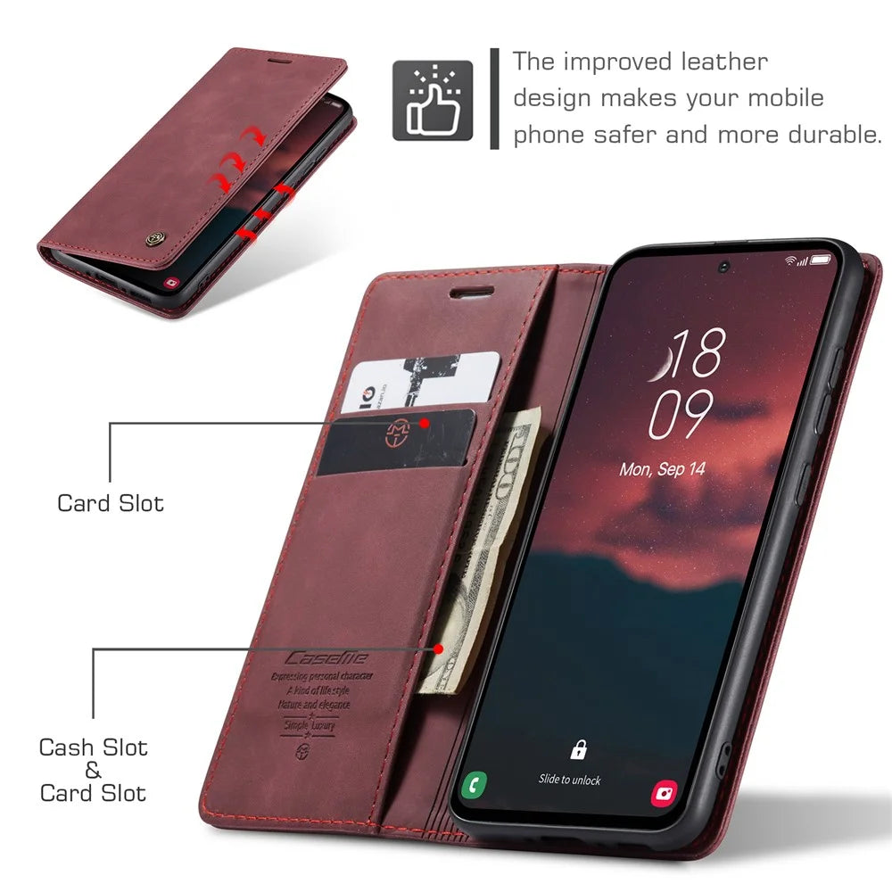 CASEME 013 Series Phone Case for Samsung Galaxy A54 5G PU Leather Case Wallet Stand Shockproof Cover - Wine Red - 7